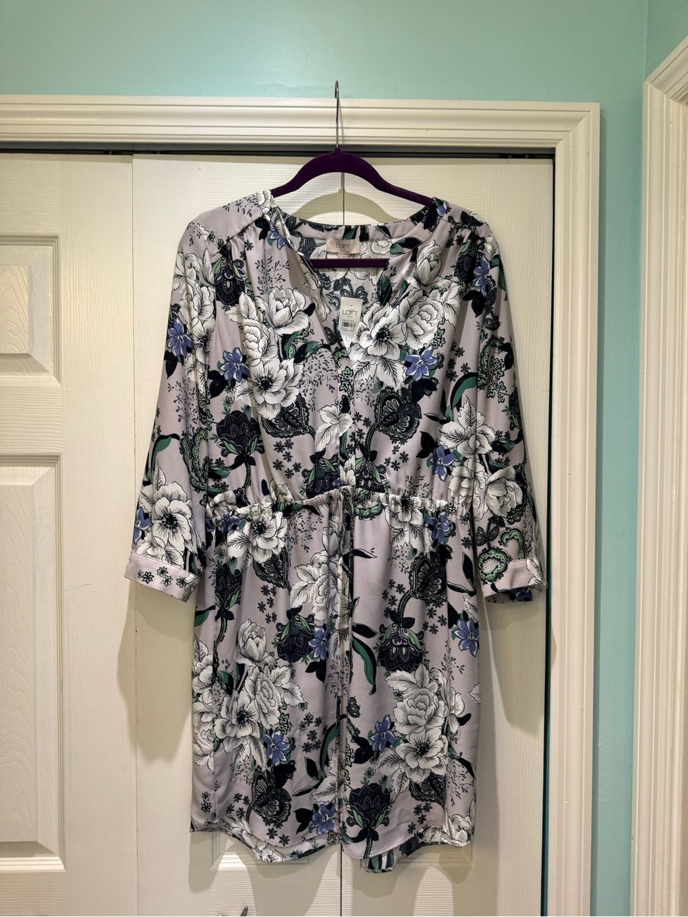 LOFT Lavender Floral Split-Neck Tunic with Navy & Green Accents